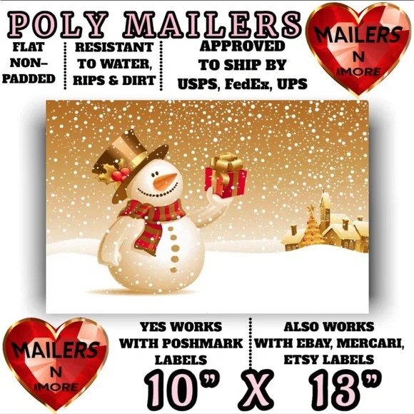 ( Quantity 25 10x13 ) Snowman Gold Christmas Poly Mailers Bag Shipping Envelopes - Picture 2 of 2